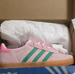 Youth 6.5 Adidas Gazelle Pink with Green Stripes...runs big